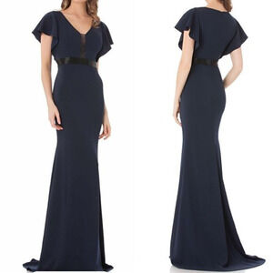 $490 Carmen Marc Valvo Infusion Navy Blue Beaded V-Neck Gown 8 C737